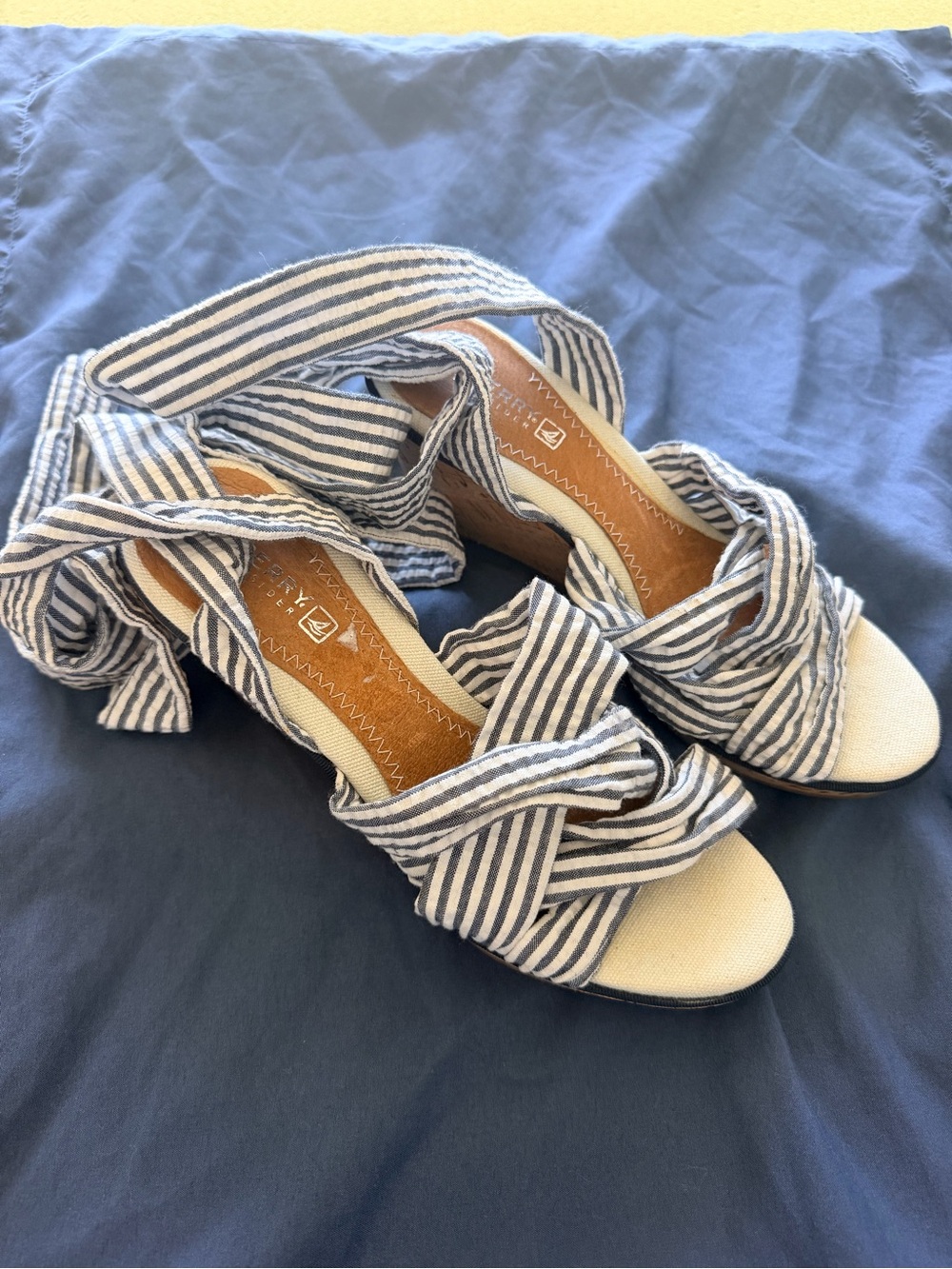 Sperry Striped Wrap Sandal Wedges - Blue/White